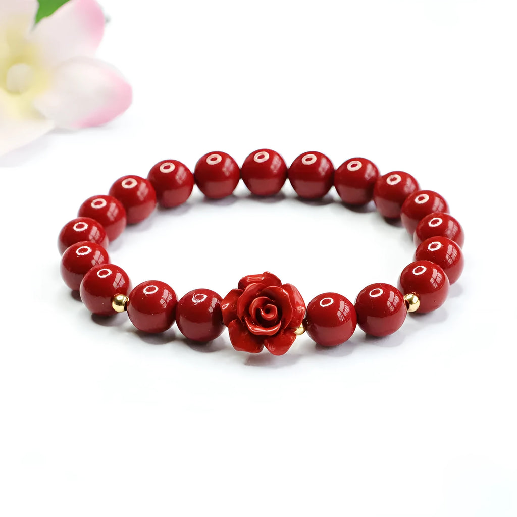 Natural cinnabar bracelet with 8mm purple gold sandstone rose beads and handcrafted design