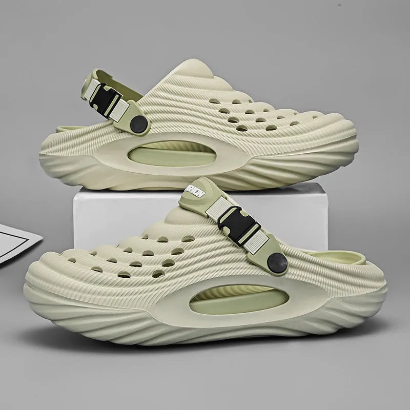 Men's casual platform slippers in white, black, or light green with hollow out EVA upper and slip-on design.