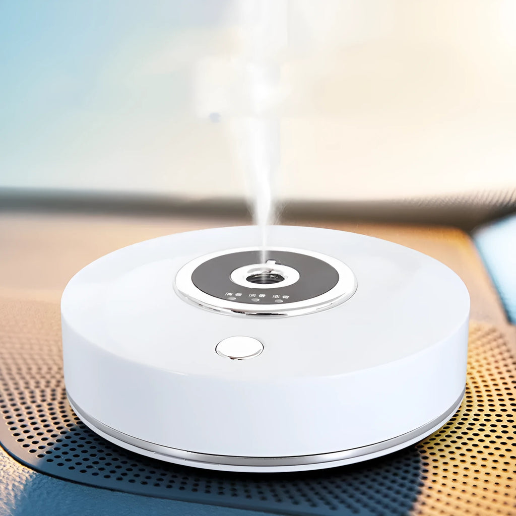 Car air freshener spray accessory with USB charging port mounted on vehicle dashboard