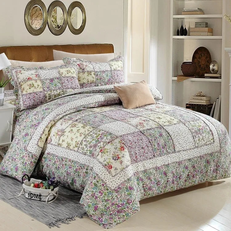 Washed pure cotton quilted bedspread set in Korean style, showing bed cover and two pillowcases.