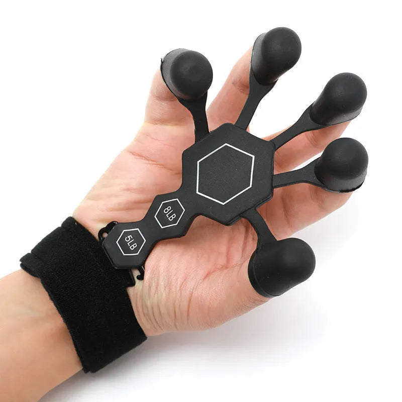 Grey silicone hand trainer brace with 5-finger design for adult rehabilitation and strength training