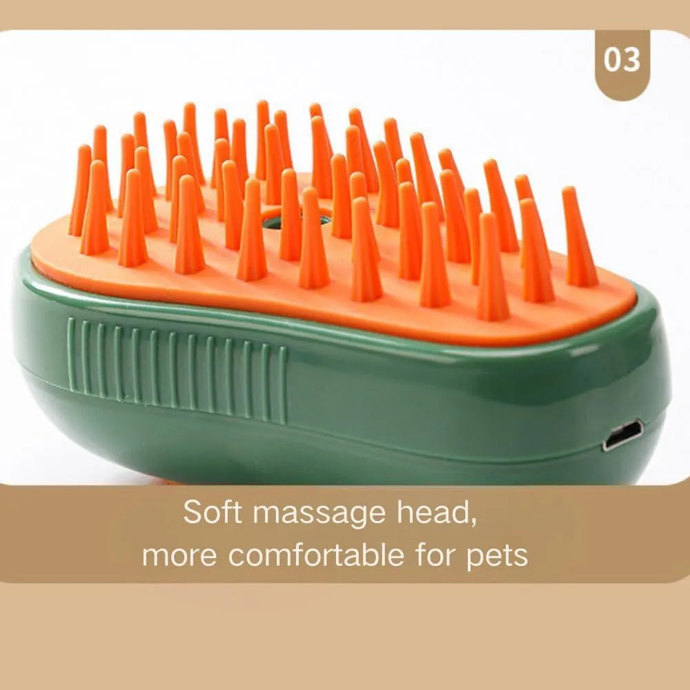 Green and white 3-in-1 cat steam brush with water spray and soft silicone teeth for pet grooming.