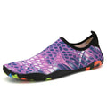 Lycra and EVA beach wading swimming shoes in blue, black, pink, purple, or camouflage colours.