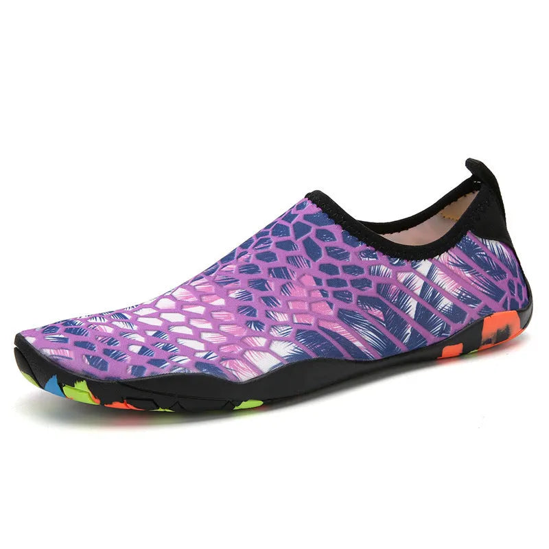 Lycra and EVA beach wading swimming shoes in blue, black, pink, purple, or camouflage colours.