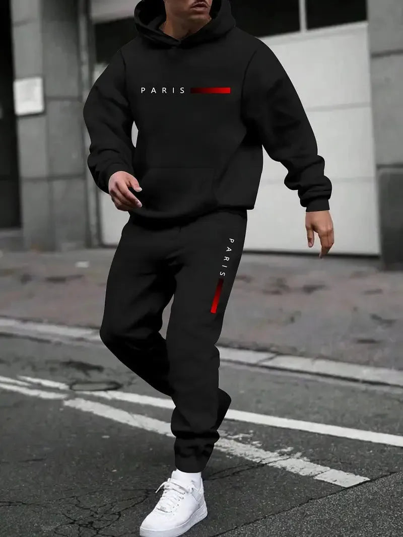 Men's printed hooded autumn tracksuit set with matching trousers in polyester fibre