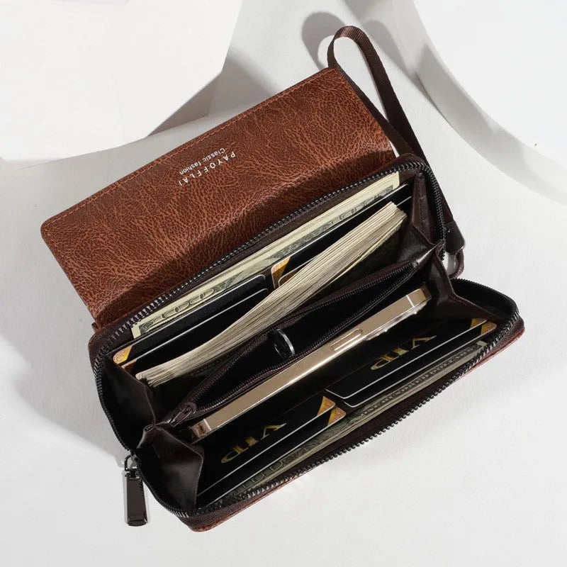 Men's black PU leather wallet with multiple card slots, shown open to display interior.