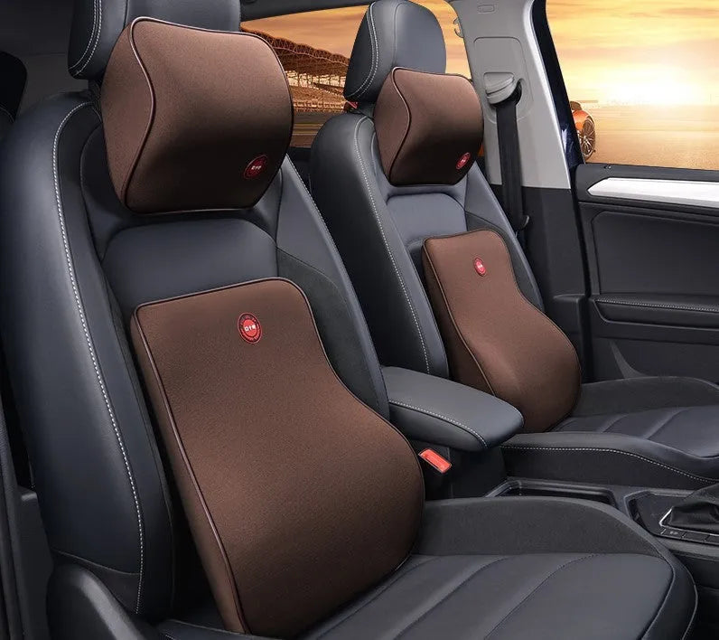 Car headrest neck protector and waist support set in black, coffee, grey or red, bamboo charcoal memory cotton, 0.9kg