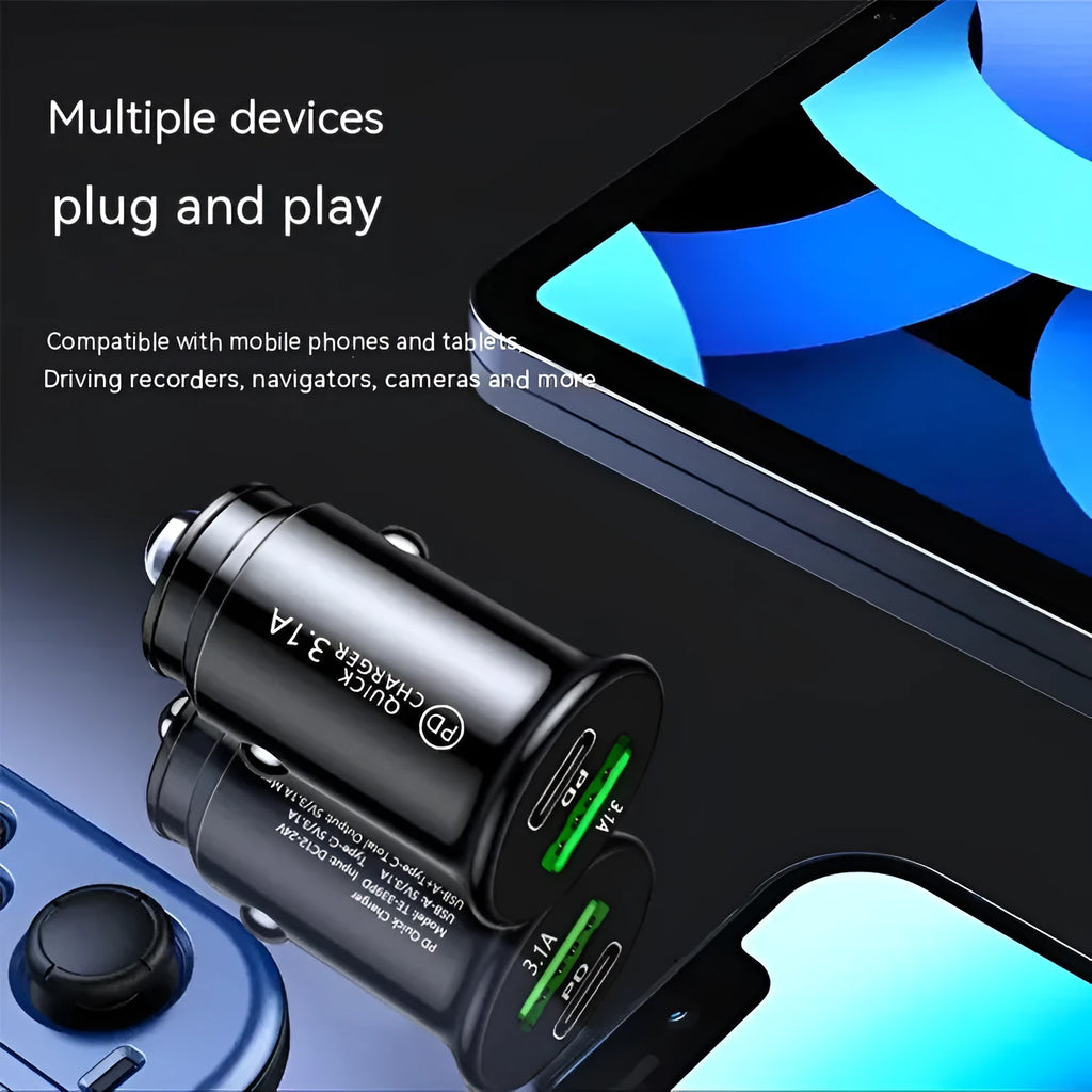 Black and white dual USB car charger for cigarette lighter socket with 12V/24V compatibility