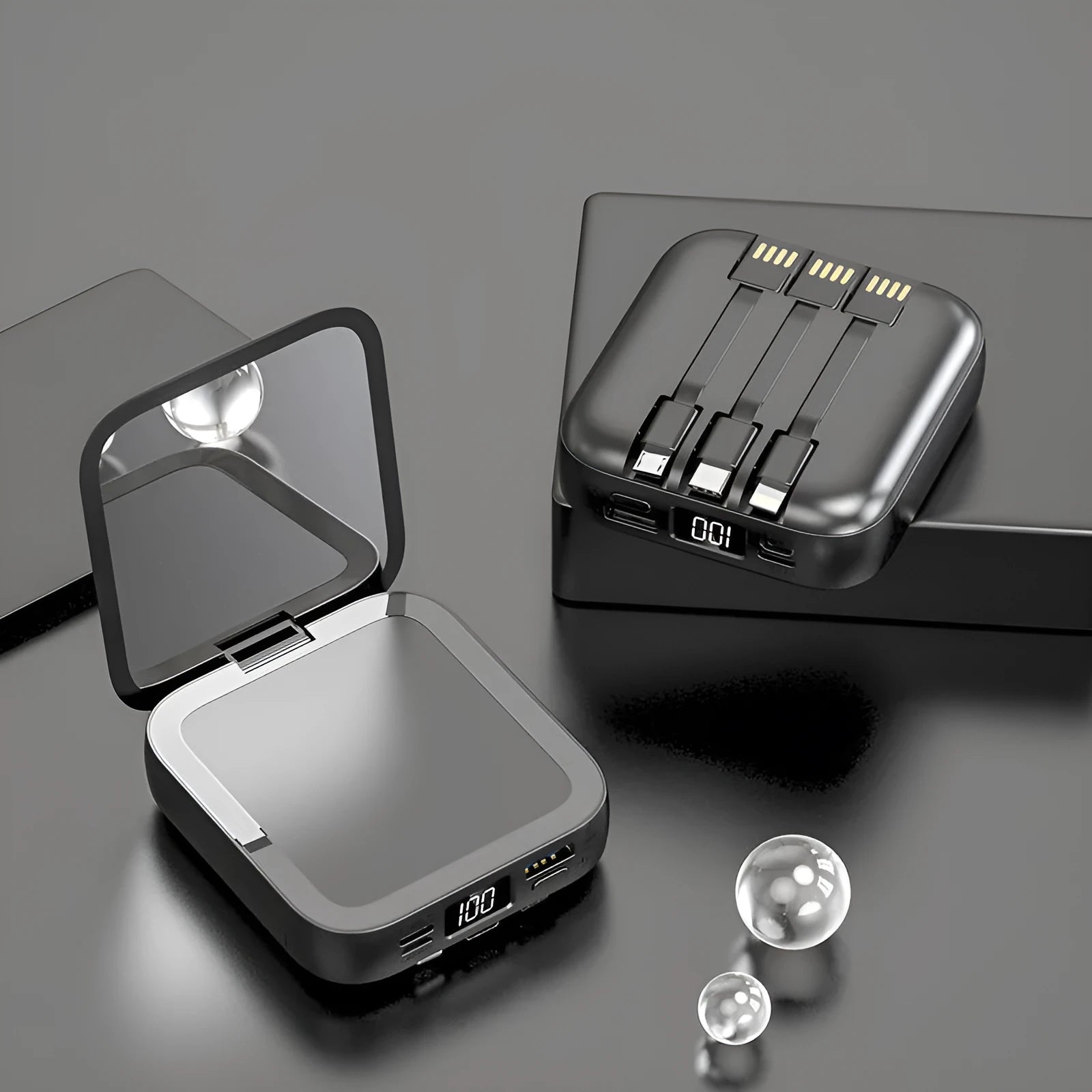 Comes With Line Beauty Mirror Power Bank in cool black plastic shell with integrated mirror