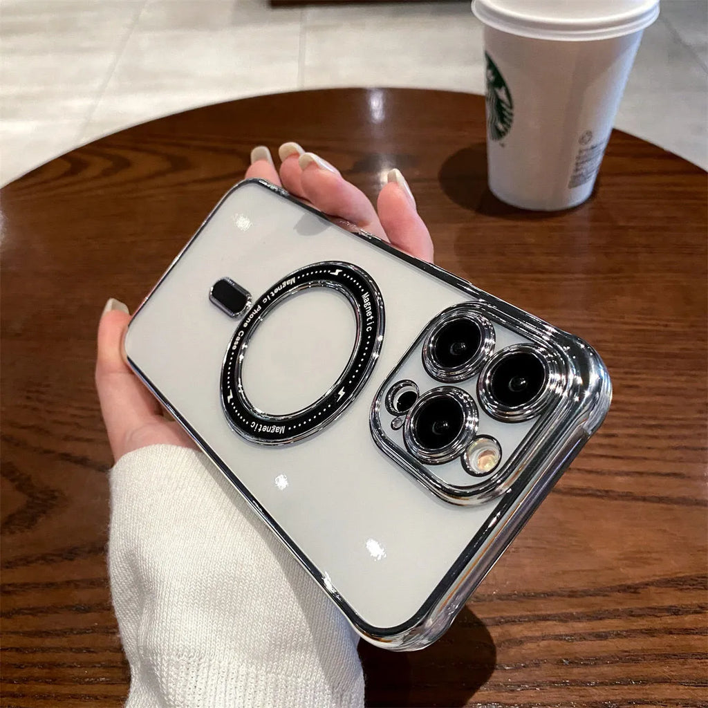 Transparent magnetic silicone iPhone case with electroplated finish and all-inclusive lens frame