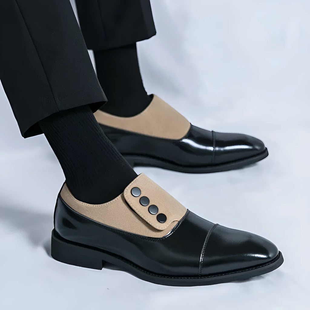 Men's low top pointed round toe button leather slip-on shoes, black, size 40, with rubber sole