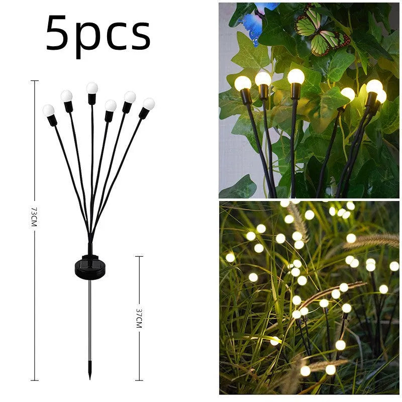 Solar-powered LED firefly ground lamp with multiple light heads for garden pathway illumination