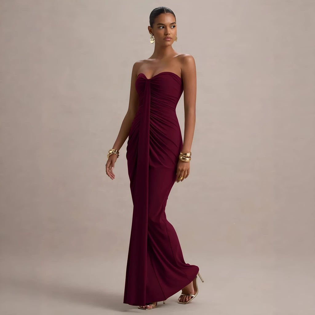 Wine red bandeau slim fit pleated sheath dress with chest wrap style stitching