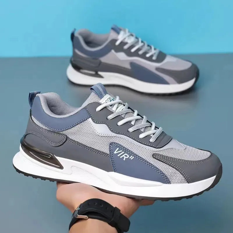 Men's colour block mesh sneakers with lace-up design and round toe in black, grey, and white options