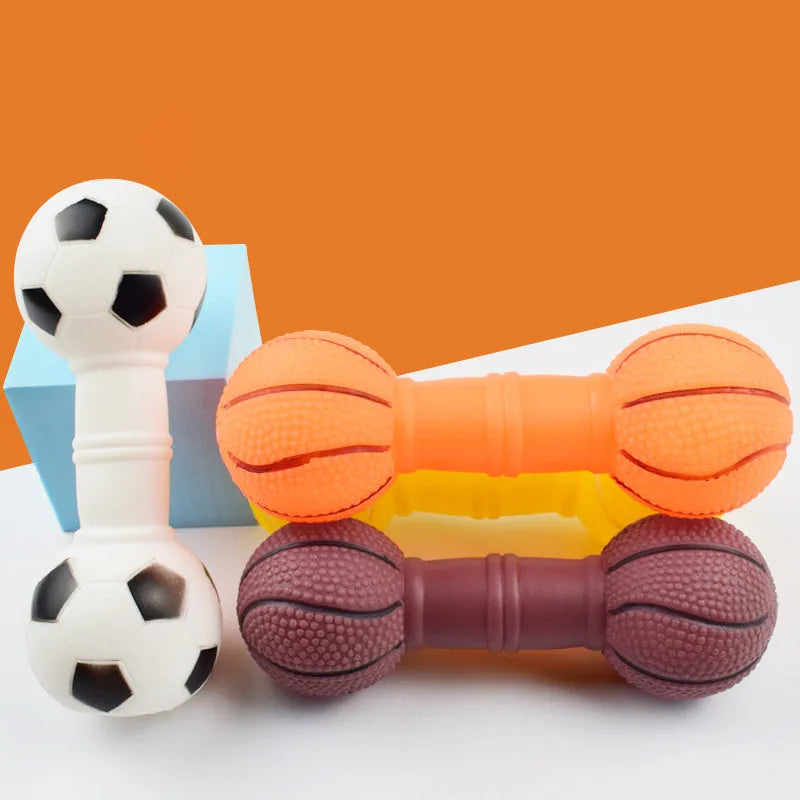 PVC dumbbell football shaped dog chew toy with squeaker in multiple colours