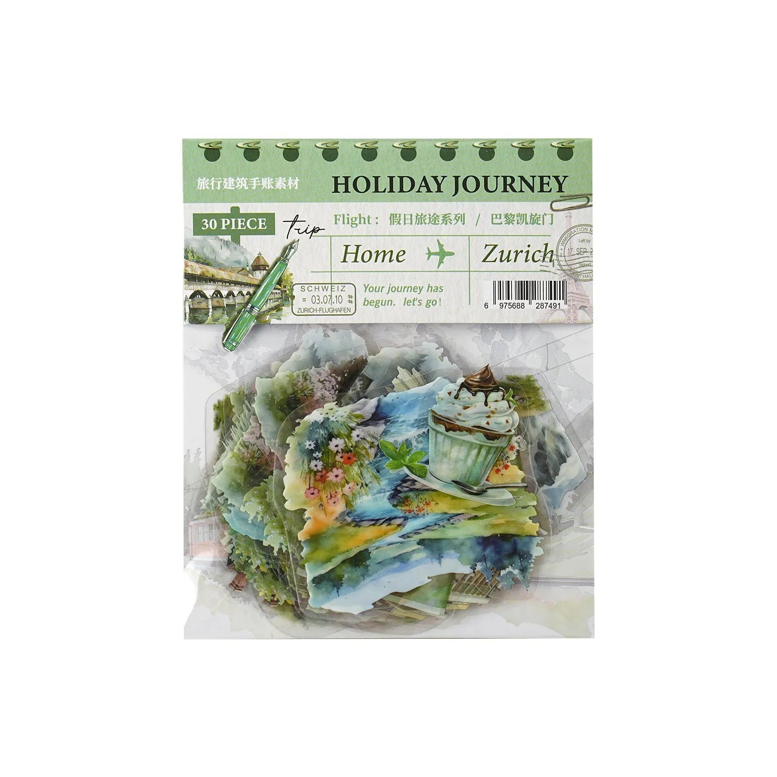 Retro-style Holiday Journey Series journal stickers showing landmarks like Paris Arc de Triomphe and London Big Ben.