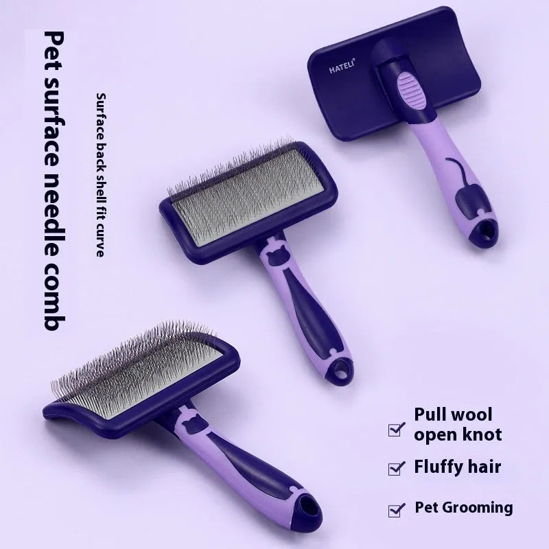 Plastic curved needle dog grooming comb in purple yellow or green, small medium large sizes