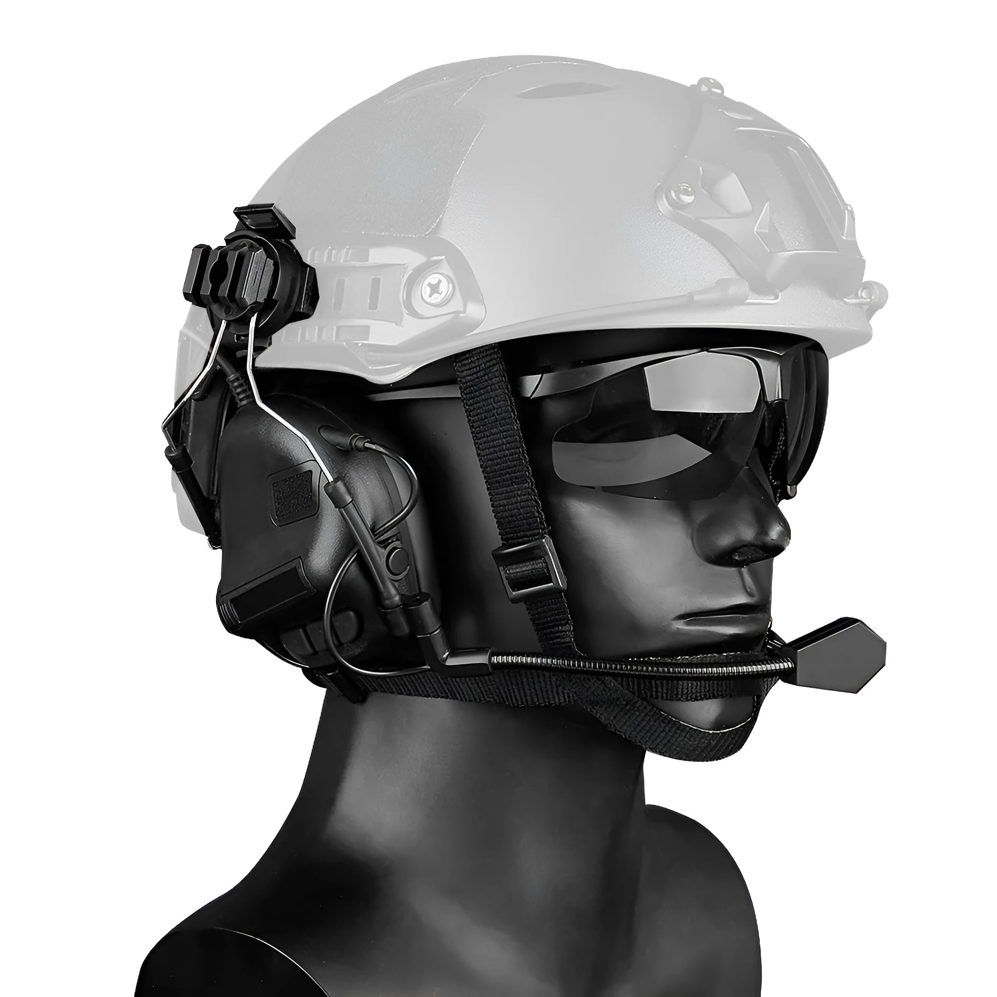 Helmet-style tactical headset with fifth generation chip noise reduction in black colour