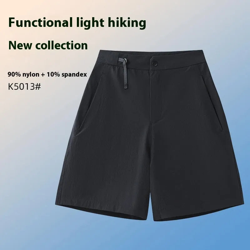 Man wearing khaki 3D cut sports shorts with four-way stretch fabric during a run.