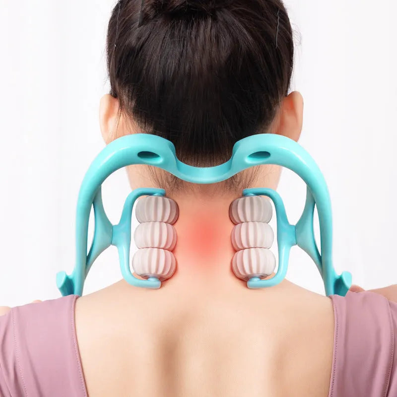 Blue plastic six-wheel electric neck and shoulder massager with control buttons on a white background
