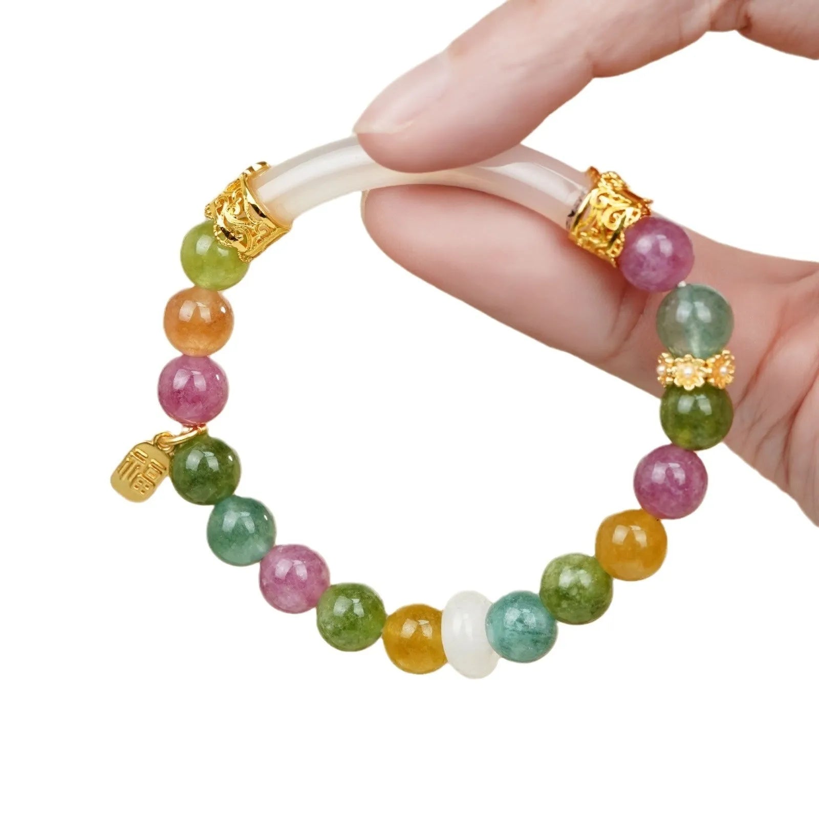 Women's tourmaline bracelet with natural jade rainbow colours and half bracelet pith construction