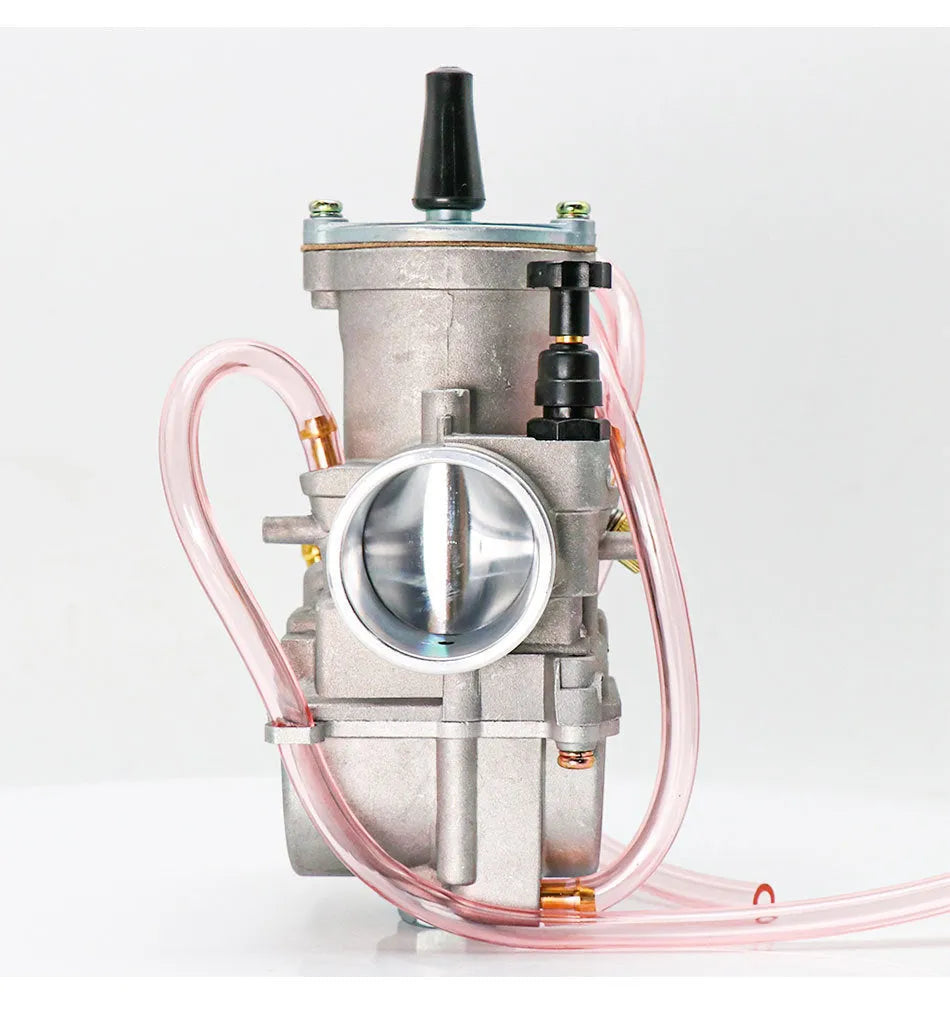 Seven PWK sandblasted motorcycle carburettors in sizes 21mm, 24mm, 26mm, 28mm, 30mm, 32mm, and 34mm for engine modification.