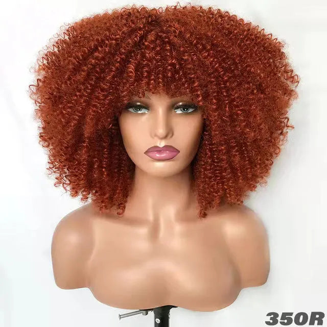 African small curly hair afro wig headgear in high temperature silk with bangs, available in multiple colours
