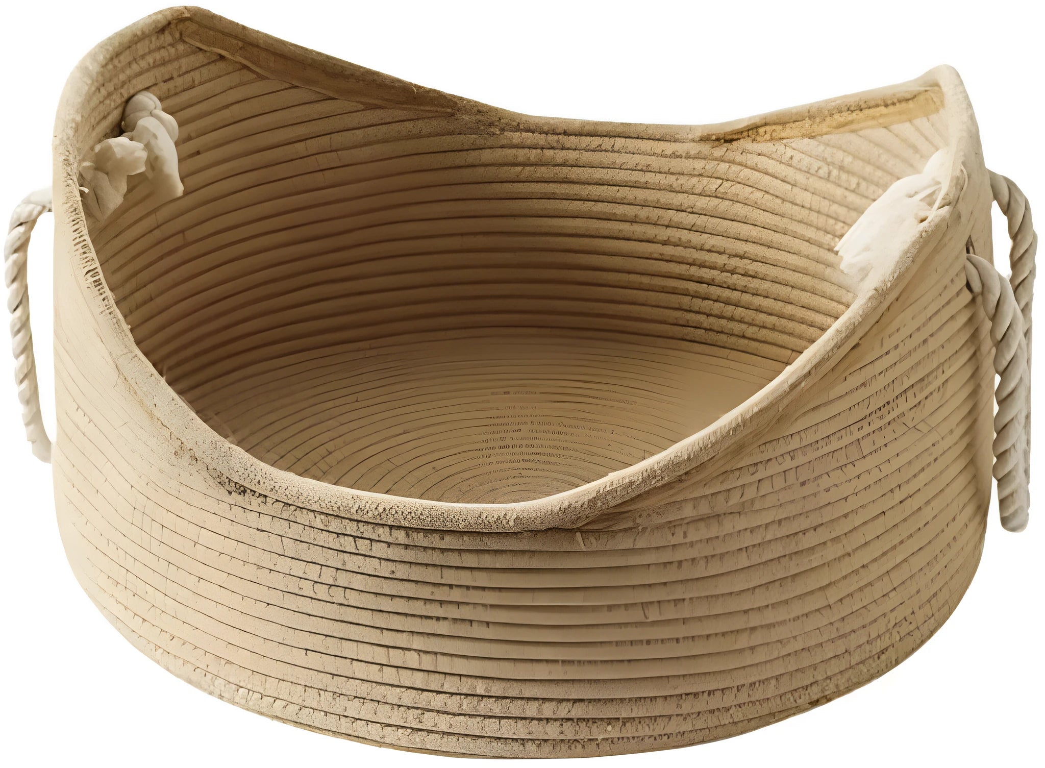 Wicker cat basket bed with integrated corrugated cardboard scratching panel, shown in large and small sizes.