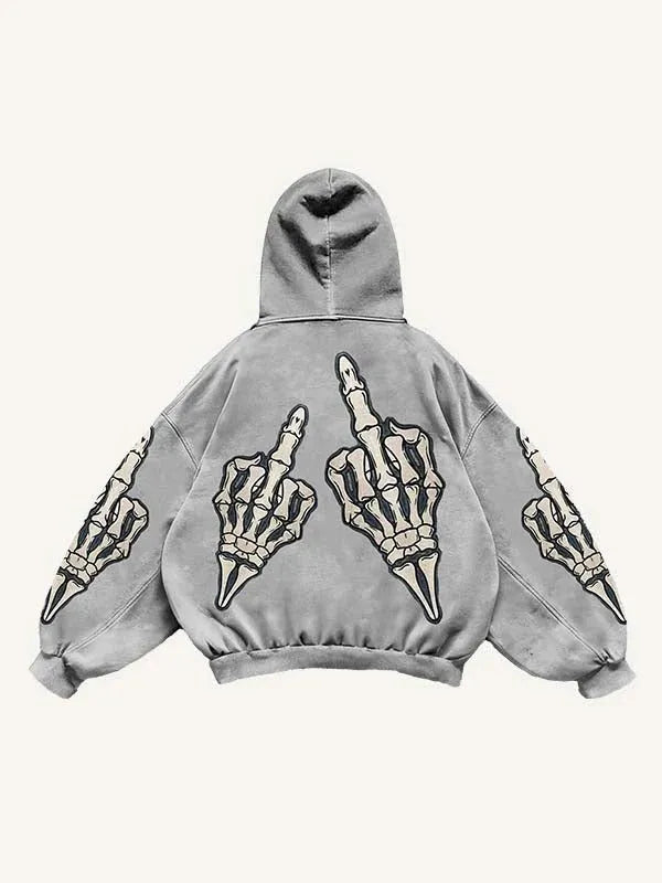Fashion casual printed polyester sweater in grey, shown on model, full front view.