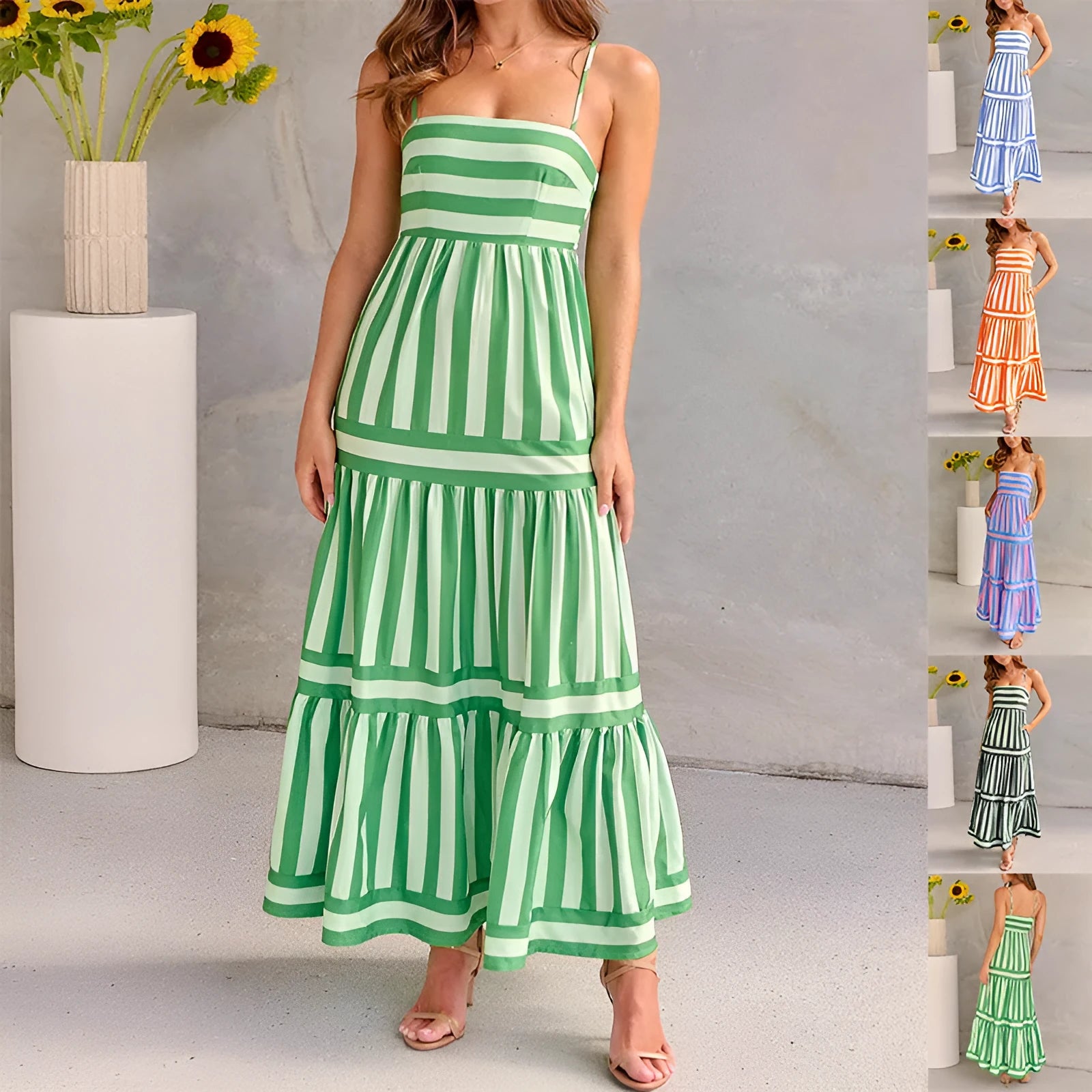 Woman wearing a striped, backless long summer dress with square neckline, suspender straps, and side pockets.