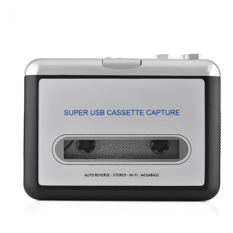 Silver USB cassette tape to MP3 digital converter unit with USB cable on a white background.