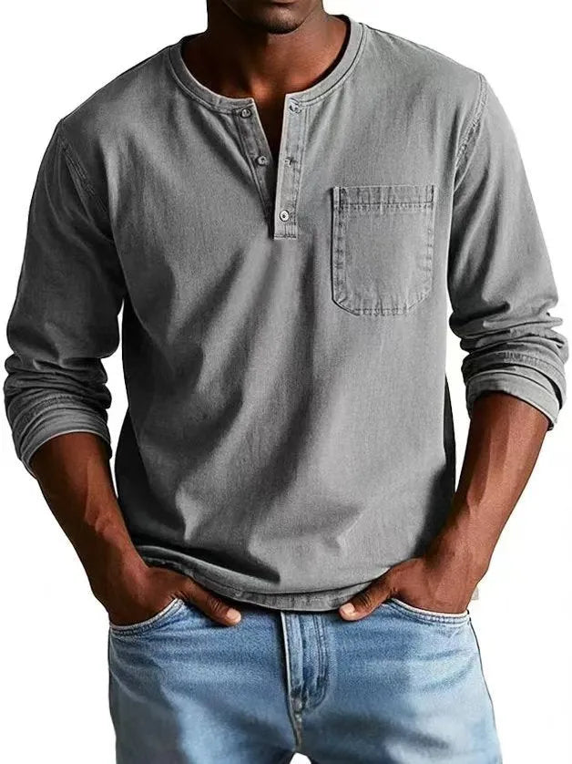 Men's V-neck long-sleeved t-shirt with button design in solid colour, front view showing polyester fibre fabric
