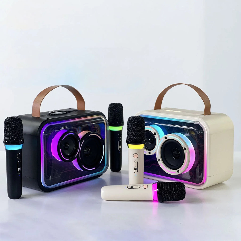 Light yellow portable Bluetooth karaoke speaker with colourful RGB lighting and microphone.