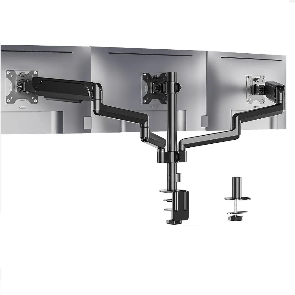 Black aluminium alloy triple-arm gas spring monitor arm for 27-inch screens