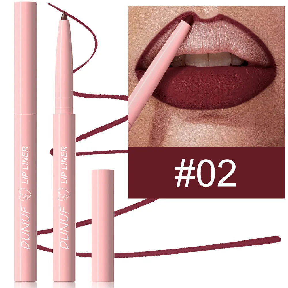 Velvet matte lip liner pencil in a display of 12 different colour shades.