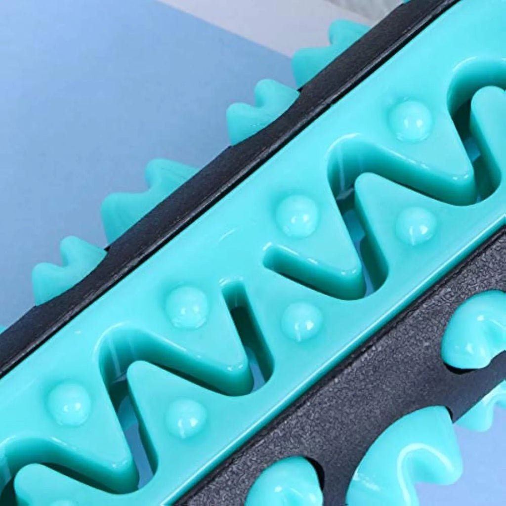 Natural rubber dog dental chew toy in blue with toothbrush texture for cleaning teeth.