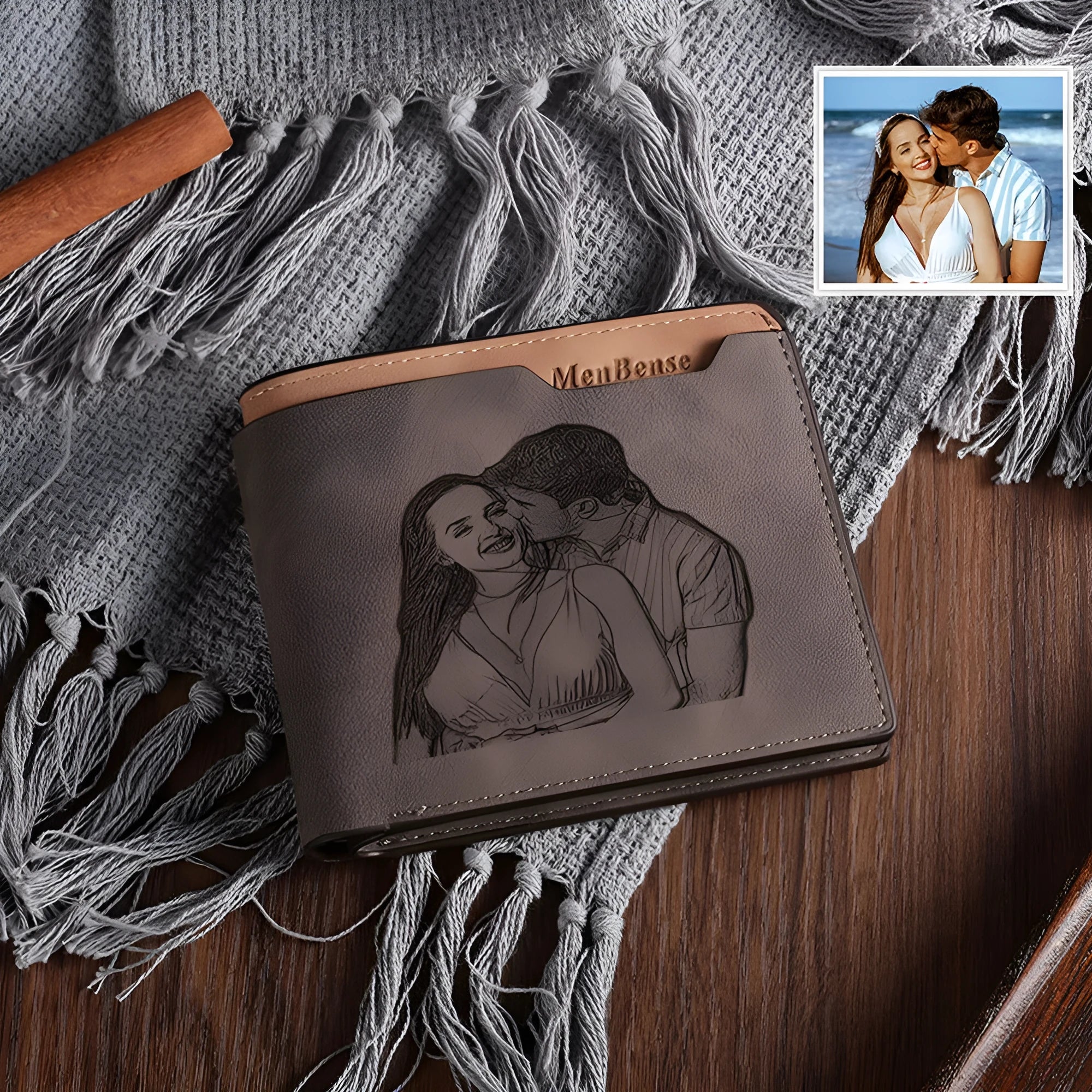 Coffee brown engraved horizontal short wallet with custom photo personalisation.