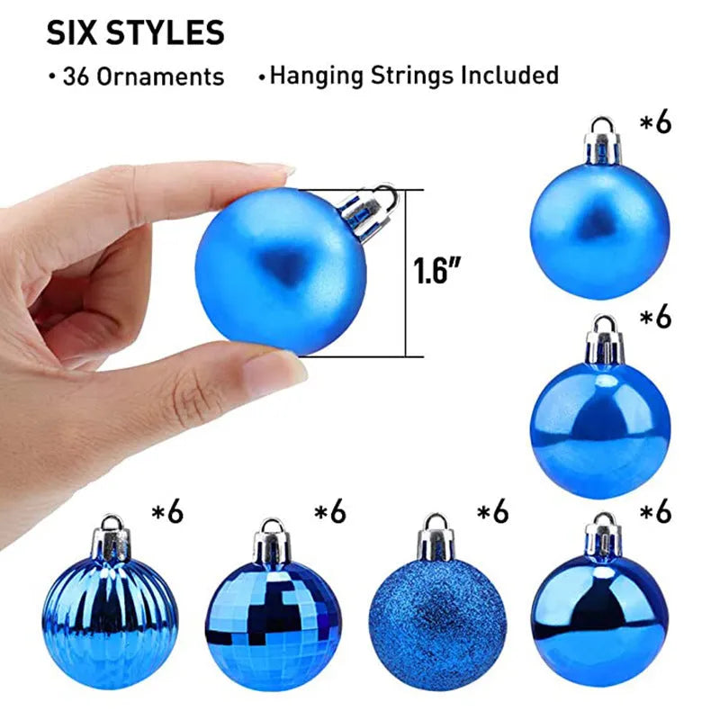 Box of 36 Christmas balls, 4cm diameter, shown in assorted colours including gold, silver, red, and blue
