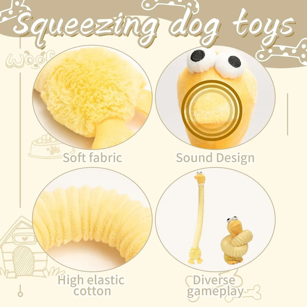 Plush stuffed squeaky dog toy with crinkle material in brown, grey and yellow colours for teething and play