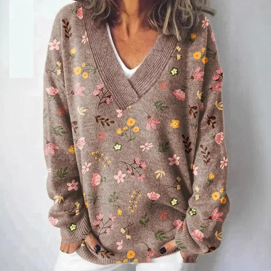 Women's V-neck sweatshirt with 3D floral pattern print in polyester fabric