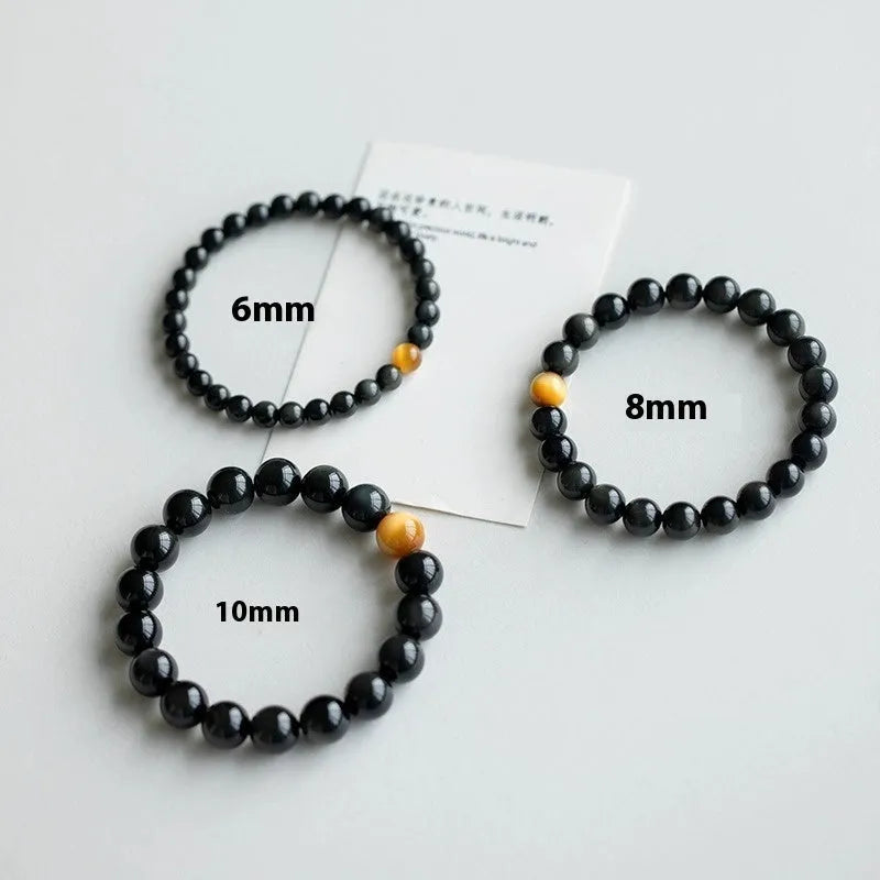 Black obsidian bracelet with 10mm geometric beads in Korean luxury style