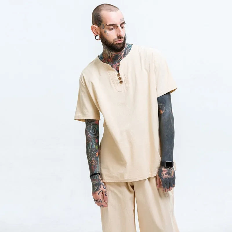 Loose cotton short sleeve T-shirt for men in apricot, pullover style, size M to 9XL