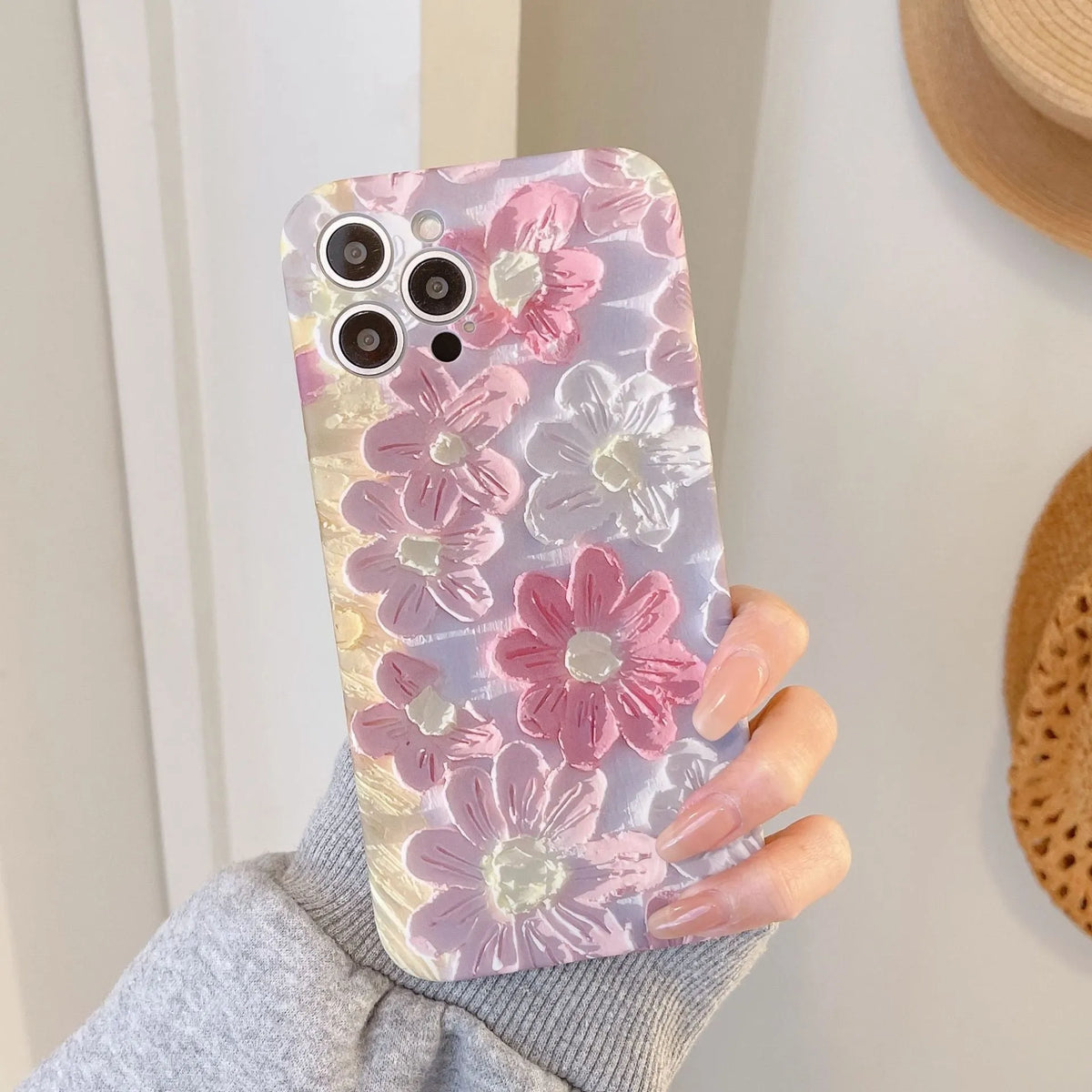 Pink flower silicone iPhone case with liquid oil painting design, rear cover type