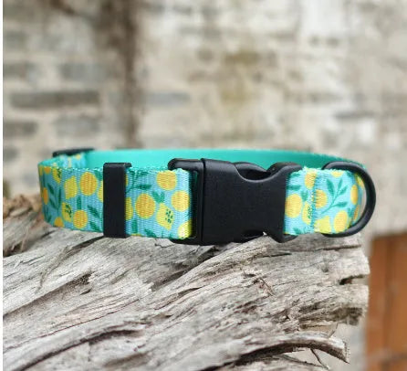 Flower patterned nylon pet collar with metal buckle, shown in Hanada colour on a size chart.