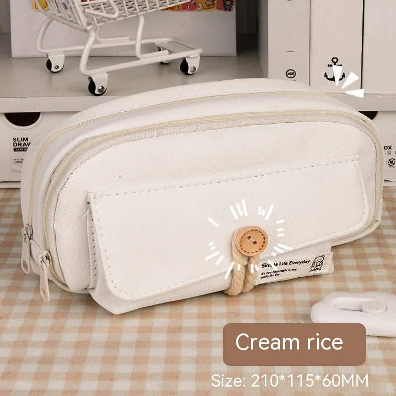 Green canvas pencil case with large capacity for about 80 pens, showing simple Korean style design.