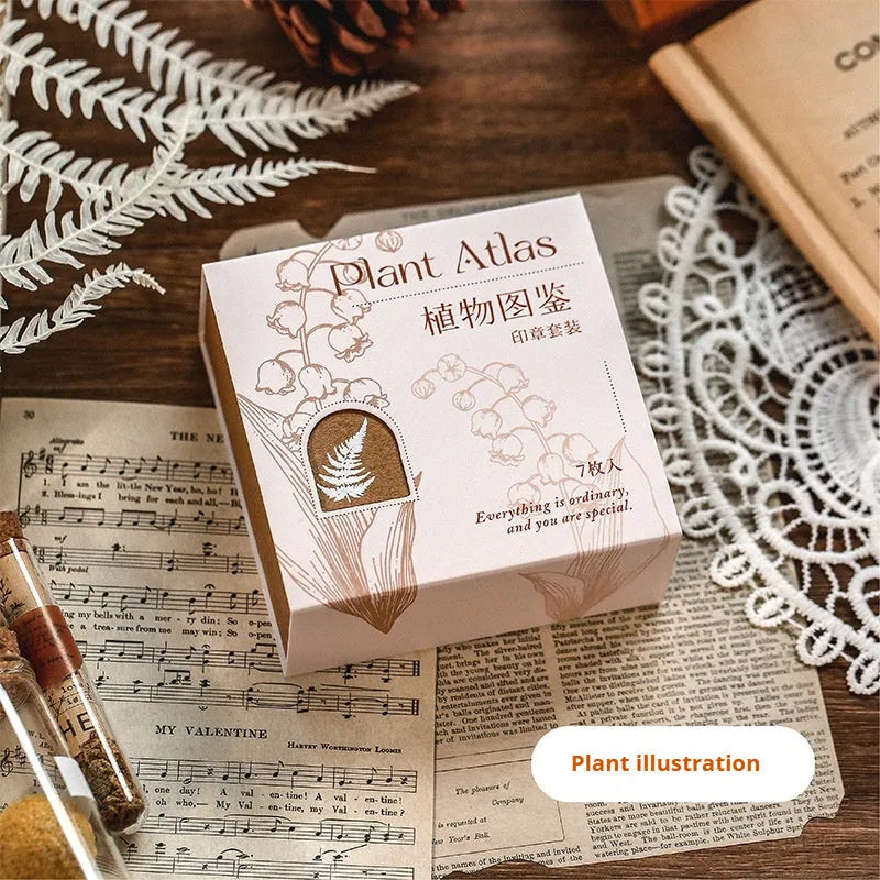 Mr Paper wooden decorative stamp set showing seven vintage design stamps for journal and craft projects