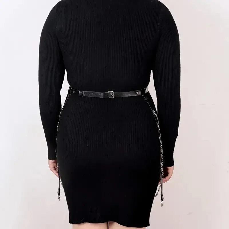 Black PU leather waist chain with bandage binding design for women's alternative fashion