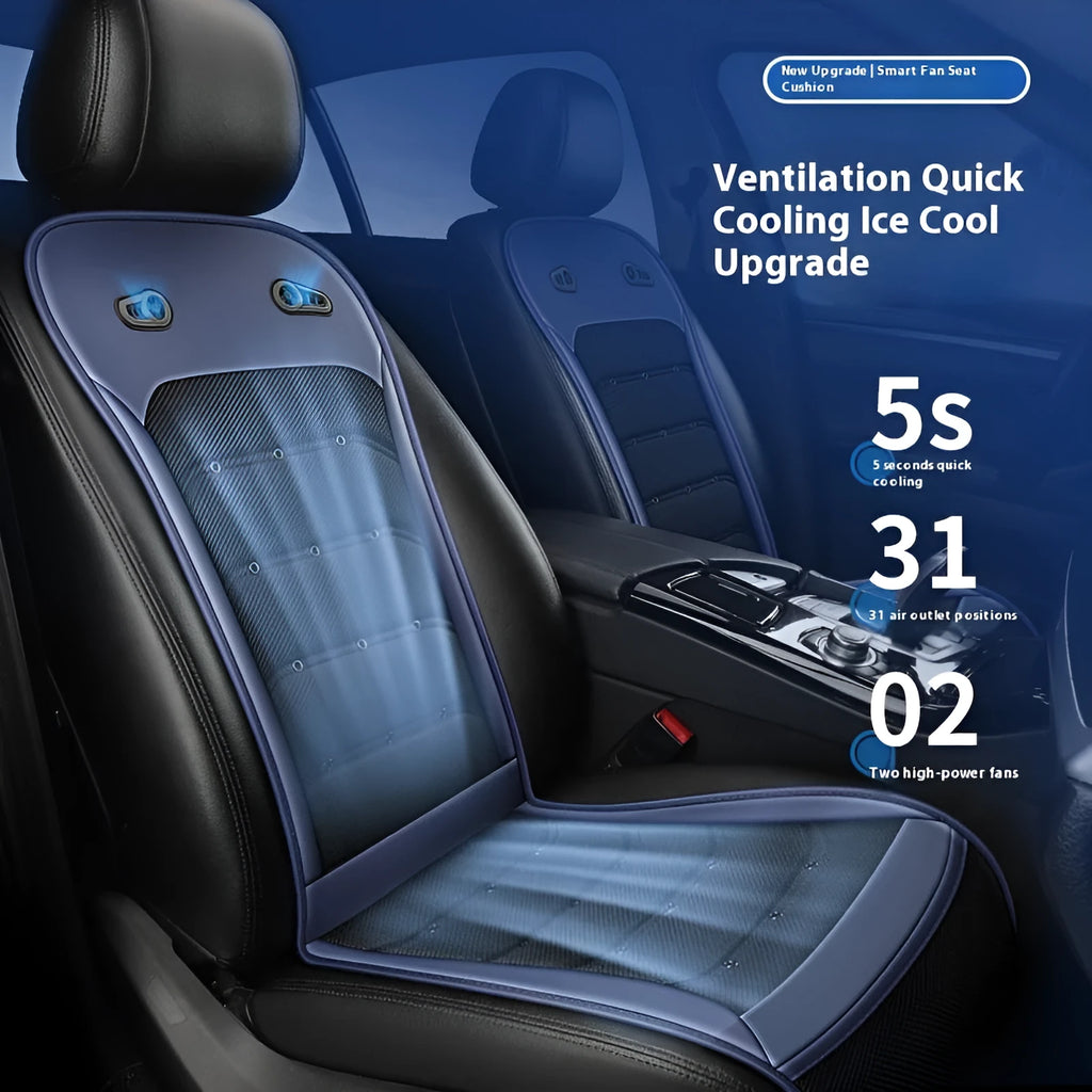 Summer cool breathable car seat cushion with intelligent fan and refrigeration in black, blue, or brown