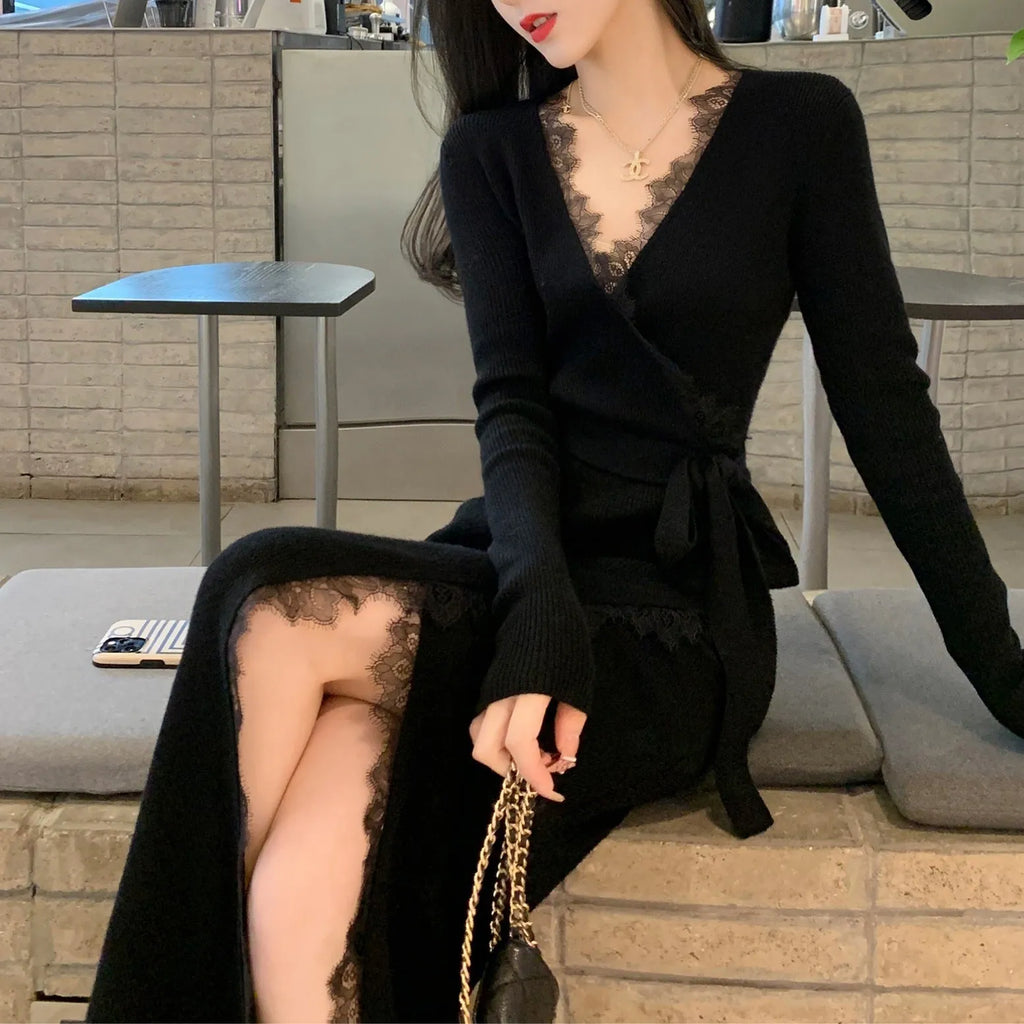Women's solid black slim fit wool princess dress skirt on a hanger.