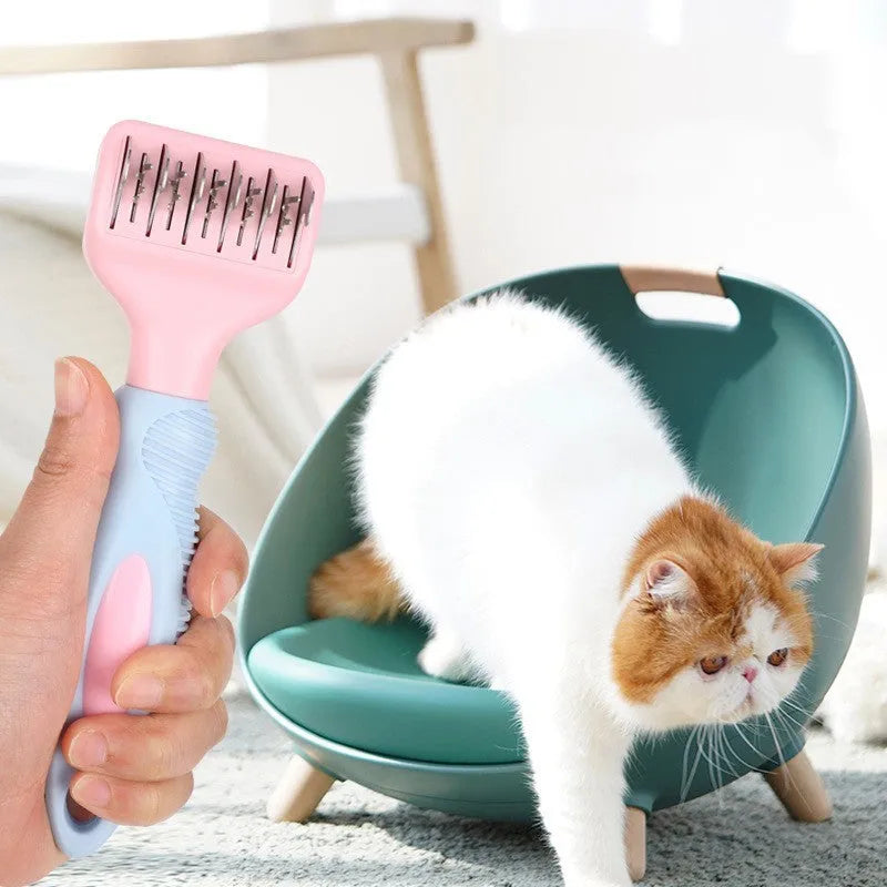 Stainless steel pet grooming comb with de-matting blade and massage bristles in pink or purple